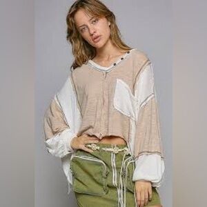 Pol Mocha Cream Color Block Pocket Top